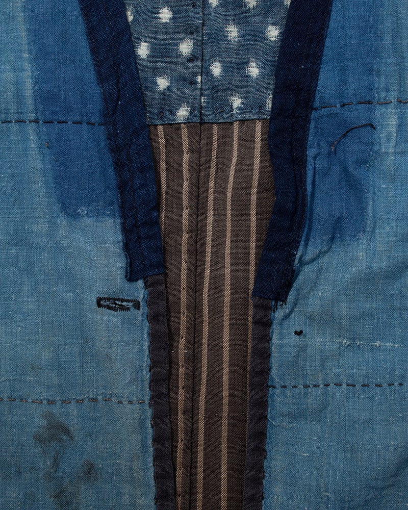 Vintage Noragi Vest, Reversible Boro, Buttoned Chest, Washed Indigo and White Kasuri Dots, Brown Shima