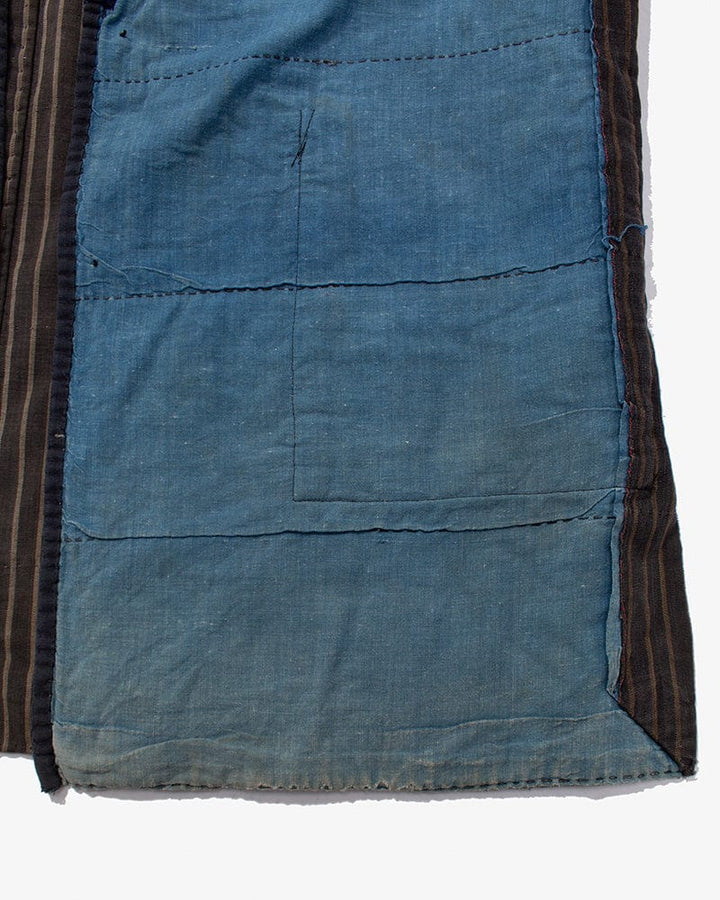 Vintage Noragi Vest, Reversible Boro, Buttoned Chest, Washed Indigo and White Kasuri Dots, Brown Shima