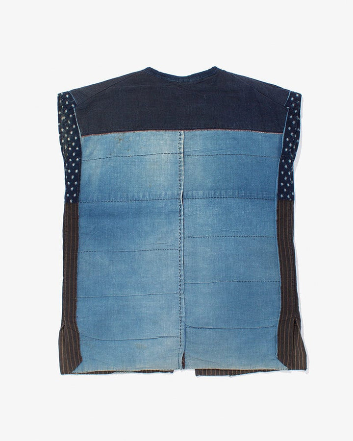 Vintage Noragi Vest, Reversible Boro, Buttoned Chest, Washed Indigo and White Kasuri Dots, Brown Shima