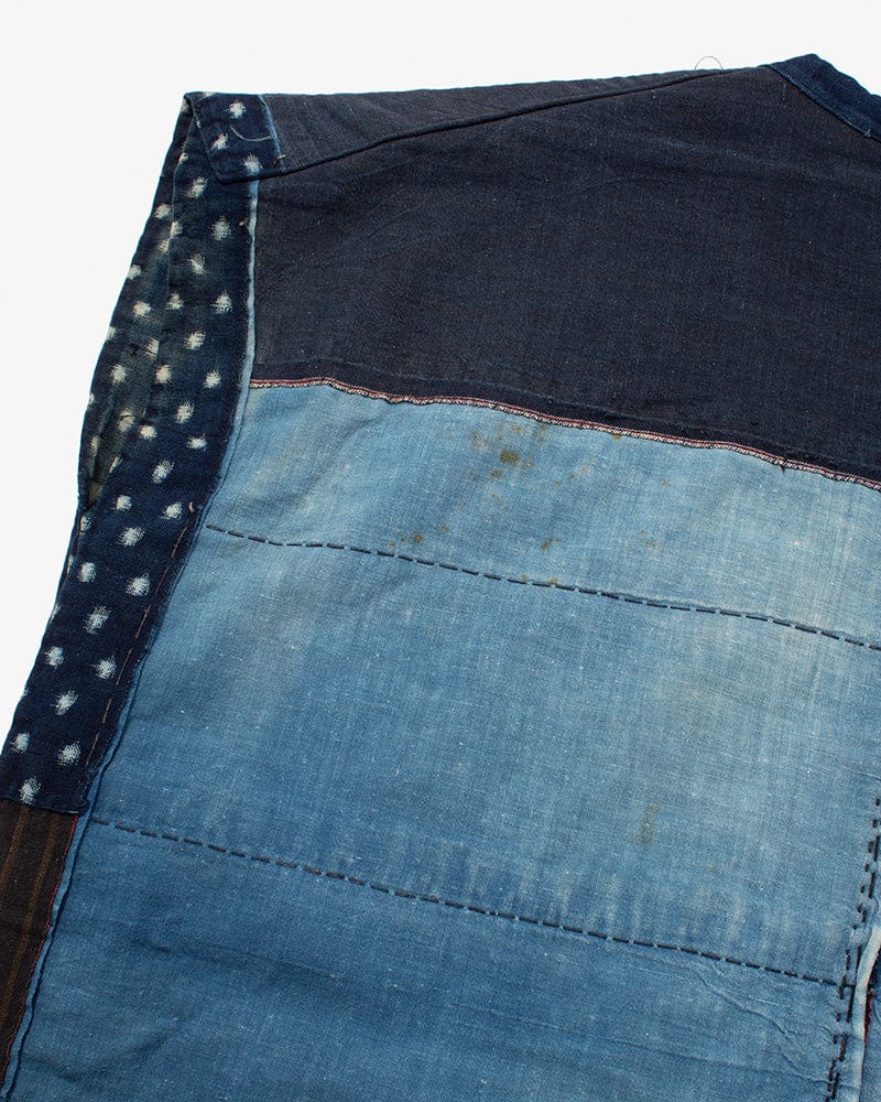 Vintage Noragi Vest, Reversible Boro, Buttoned Chest, Washed Indigo and White Kasuri Dots, Brown Shima