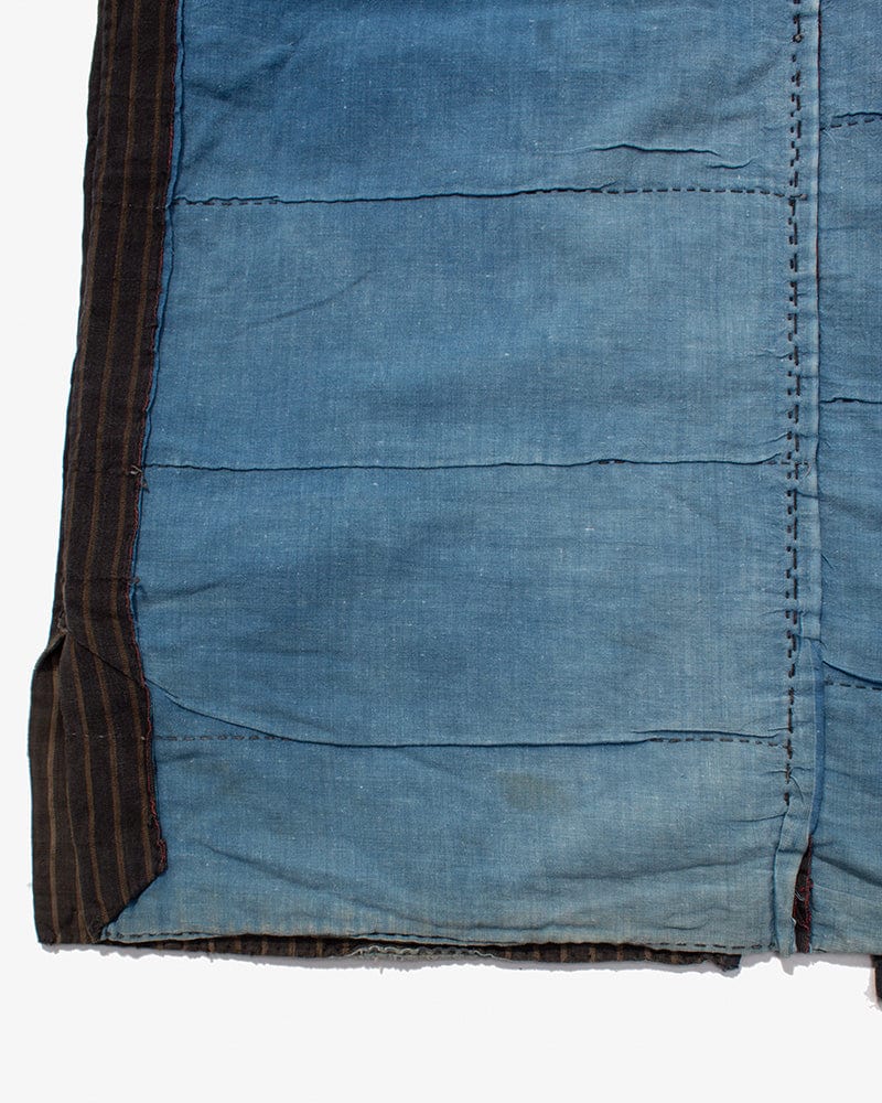 Vintage Noragi Vest, Reversible Boro, Buttoned Chest, Washed Indigo and White Kasuri Dots, Brown Shima
