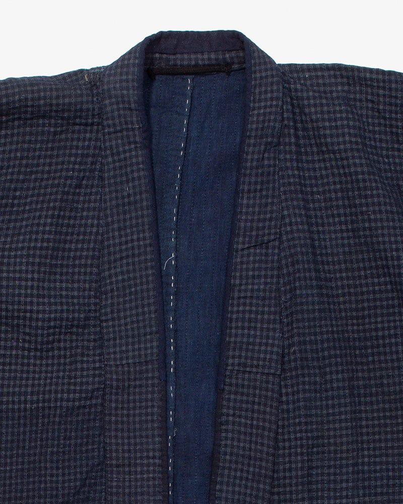 Vintage Noragi Jacket, Altered, Reversible Boro, Sashiko Stitched, Indigo and Yellow Grid