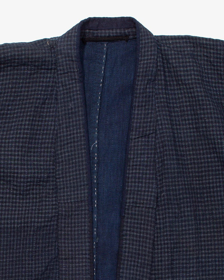 Vintage Noragi Jacket, Altered, Reversible Boro, Sashiko Stitched, Indigo and Yellow Grid