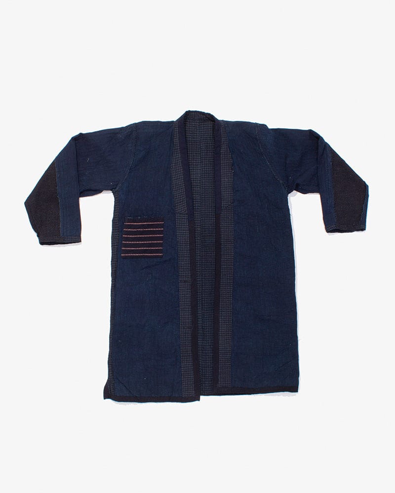 Vintage Noragi Jacket, Altered, Reversible Boro, Sashiko Stitched, Indigo and Yellow Grid