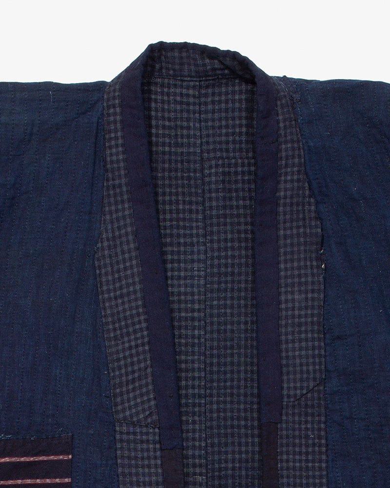 Vintage Noragi Jacket, Altered, Reversible Boro, Sashiko Stitched, Indigo and Yellow Grid