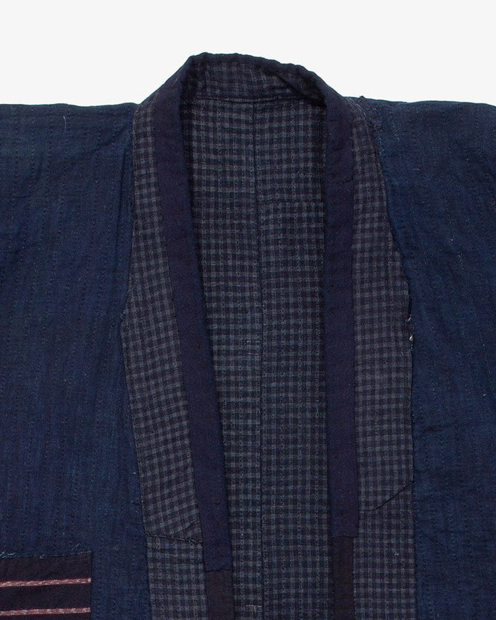 Vintage Noragi Jacket, Altered, Reversible Boro, Sashiko Stitched, Indigo and Yellow Grid