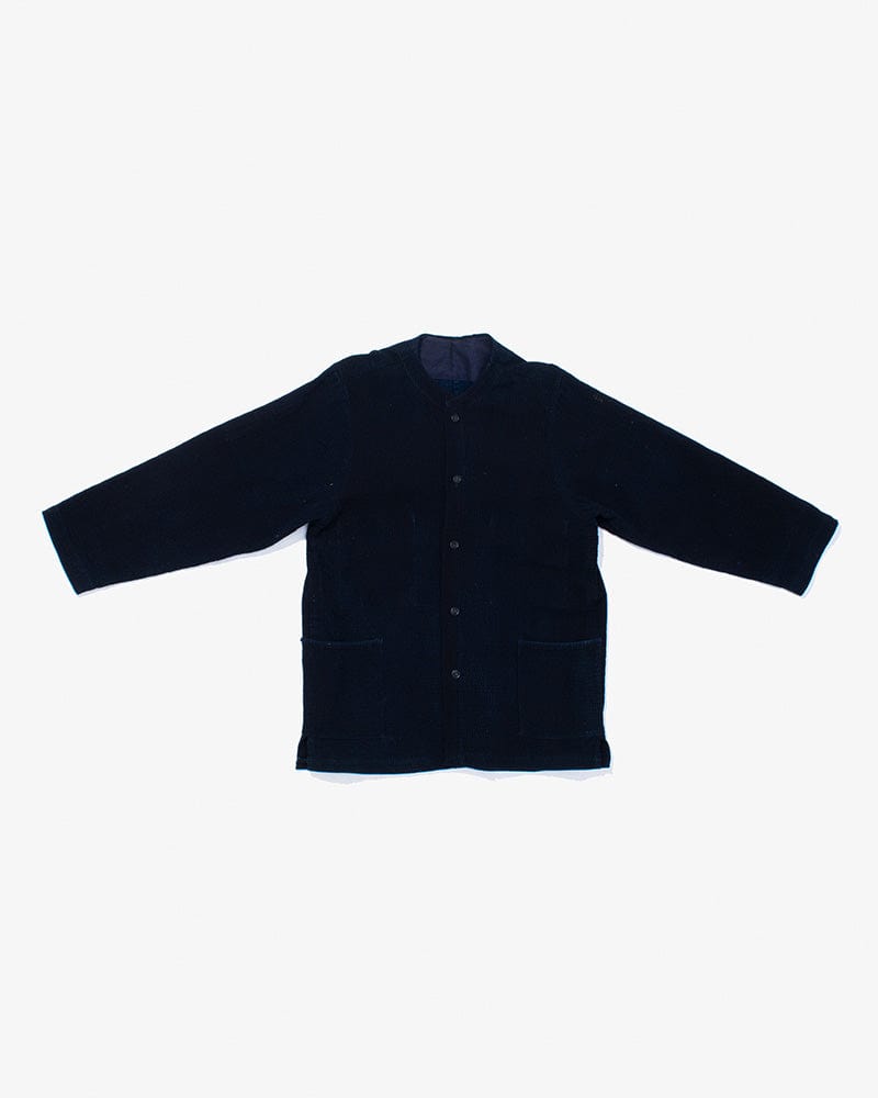 Vintage Noragi Jacket, Altered, Boro, Mandarin Collared Button-Up, Fully Sashiko Stitched, Dark Indigo