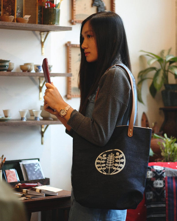 Kiriko Original Large Tote Bag, Selvedge Denim, Indigo Logo