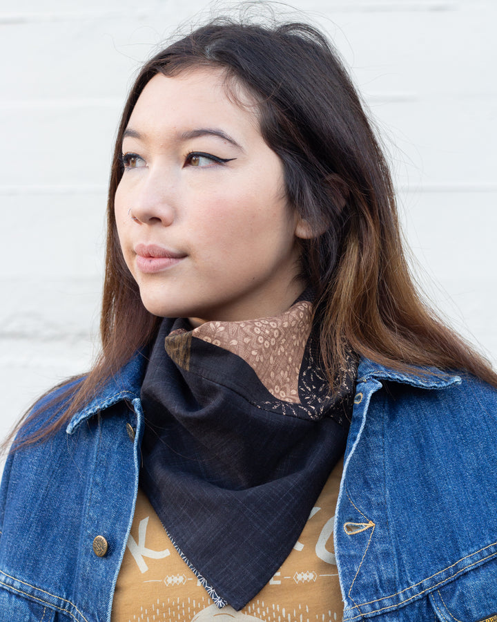 Kiriko Original Bandana, Patchwork, Brown Patchwork Style with Golden Shibori & Indigo Asanoha