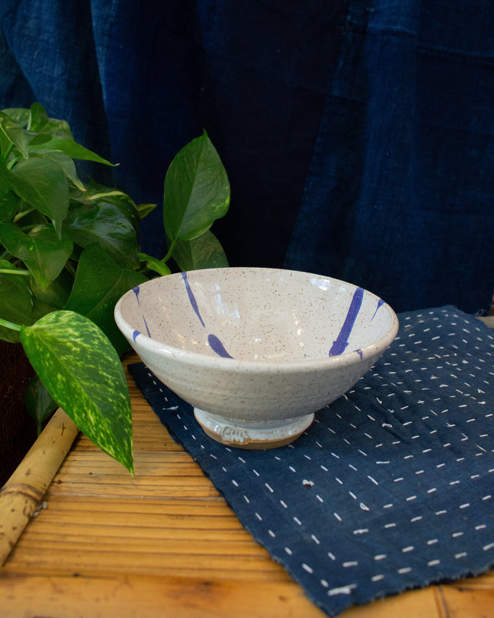 Almond Ave Pottery Bowl, Vanilla Bean with Blue Stripes