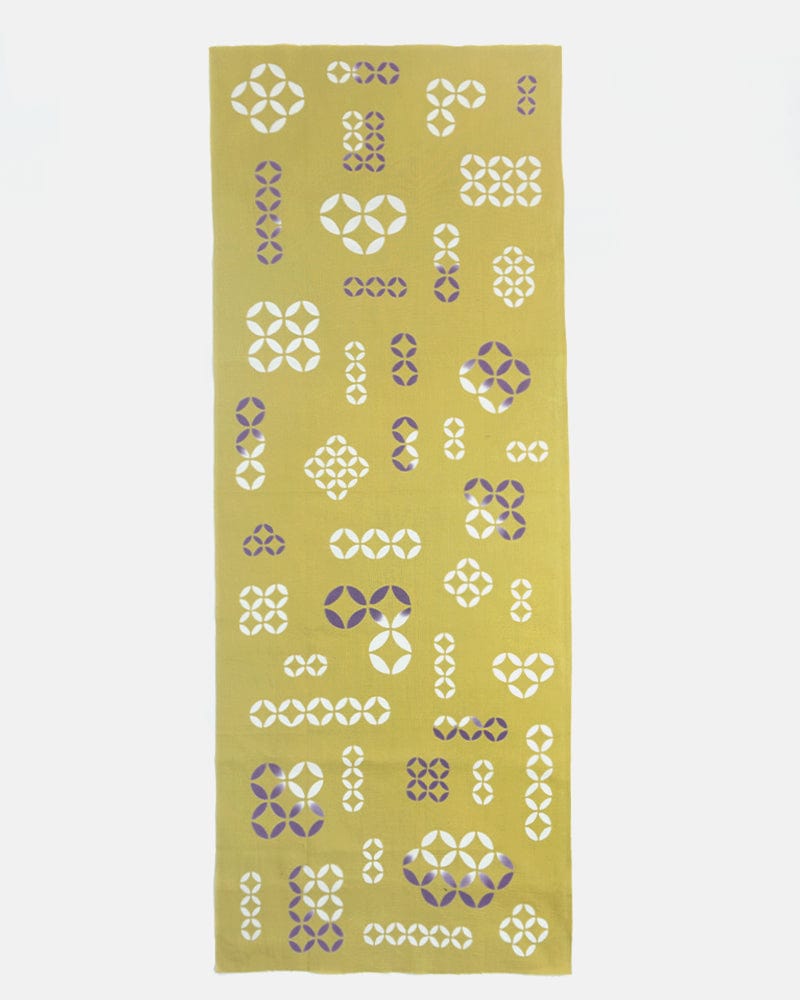 Tenugui, Chusen-Zome, Kissho, Yellow with White & Purple Shippou (Seven Treasures)
