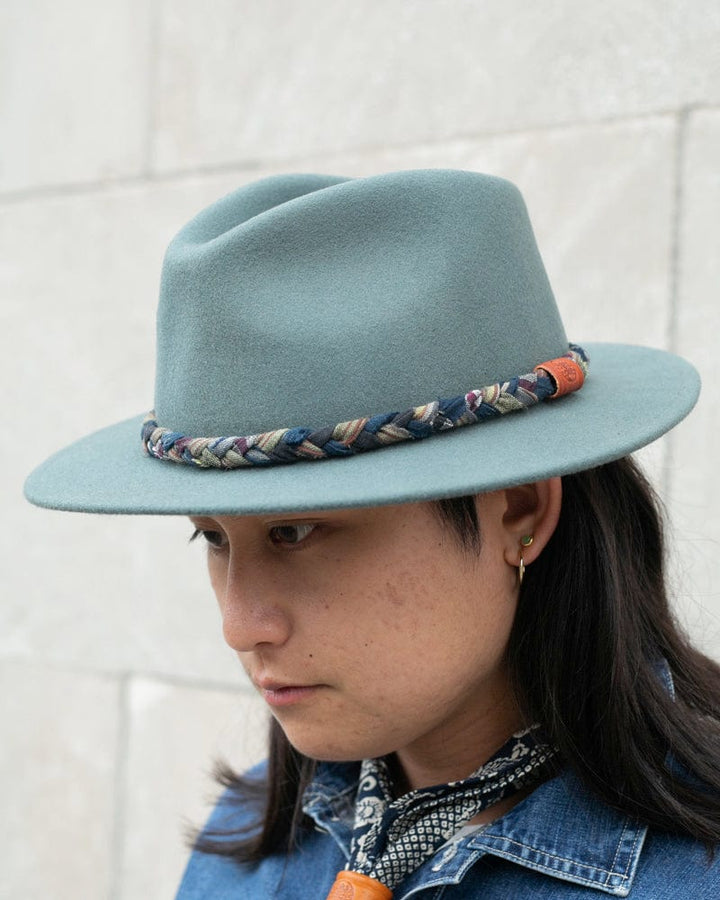 Kiriko Custom Wool Felt Hat, Moss with Indigo, Yellow, and Copper Shima