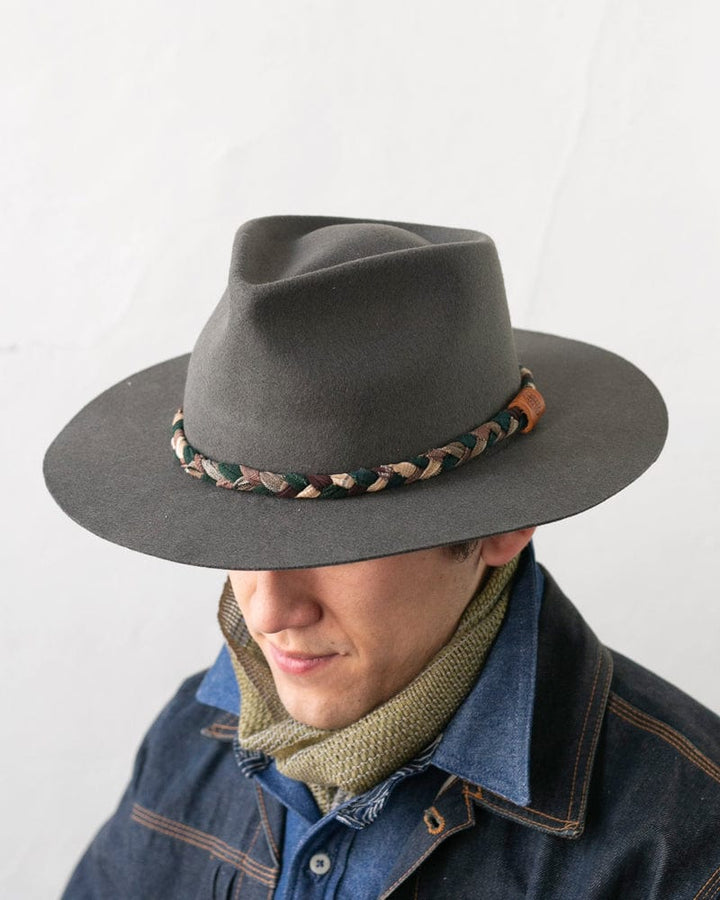 Kiriko Custom Wool Felt Hat, Grey with Braided Forest Green, Maroon and Tan Plaid Band