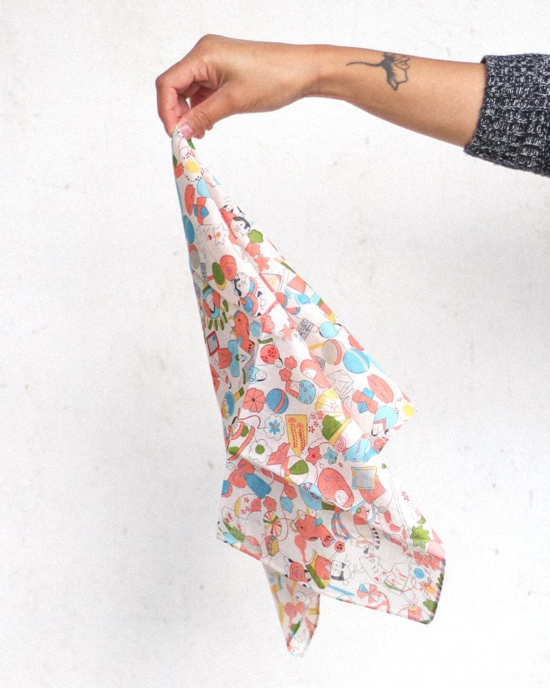 Japanese handkerchief with nostalgic toys print by Kiriko Made
