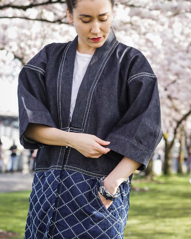 Indigo denim happi jacket with sashiko stitching by Kiriko Made