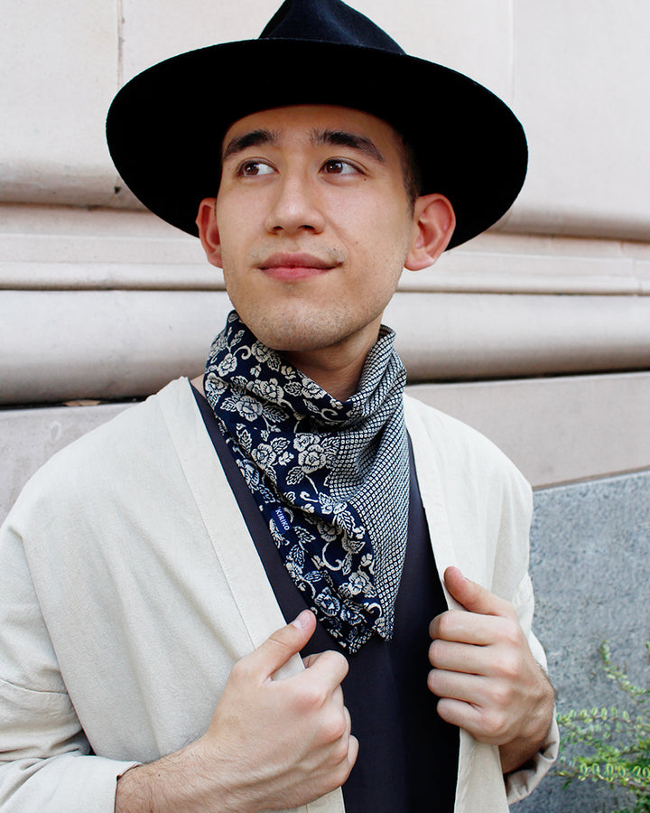 Kiriko Original Bandana, Split, Kiku Karakusa and Indigo Shibori