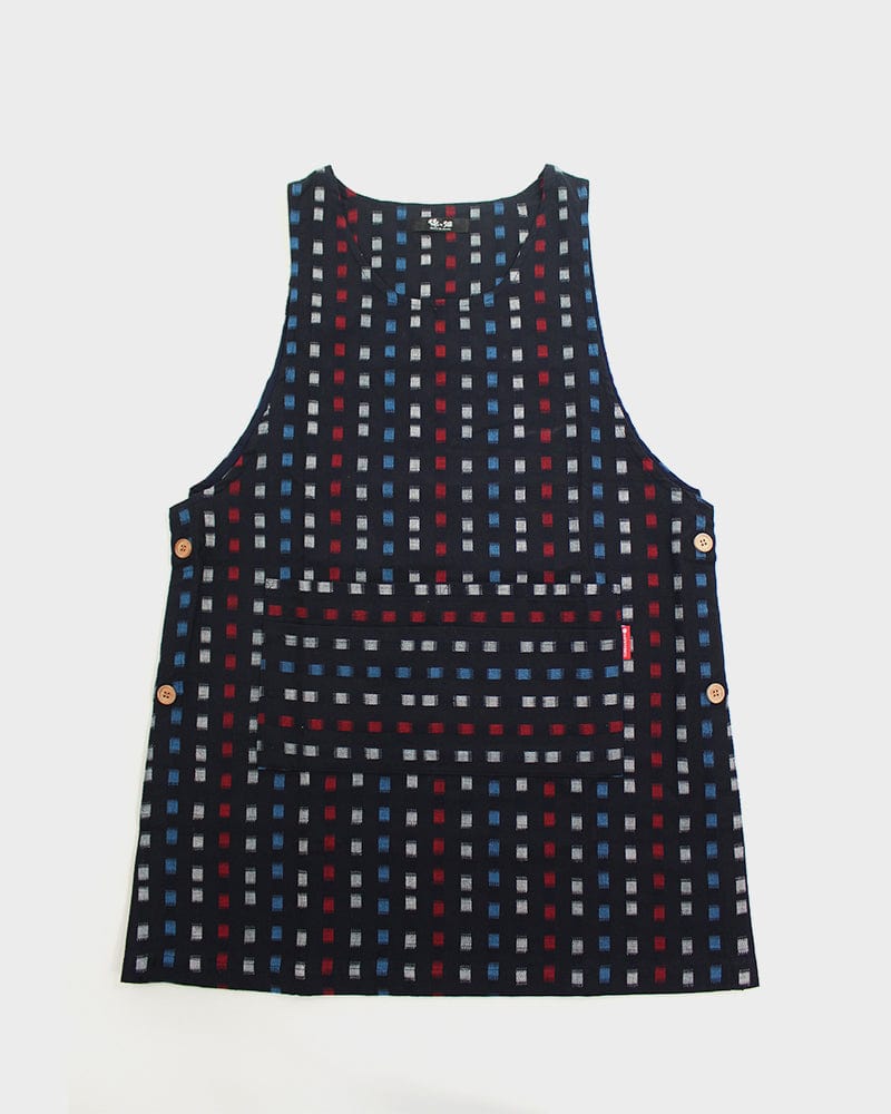 Japanese Apron Button Up Side Indigo Red Blue Squares