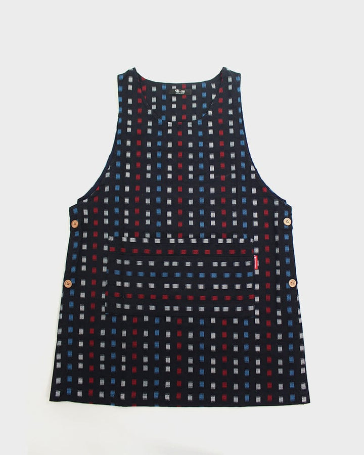 ToK Japanese Apron, Button Up Side, Indigo with Red, Blue and White Squares