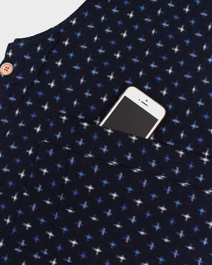 ToK Japanese Apron, Button Up Side, Indigo with Blue and White Jyuji