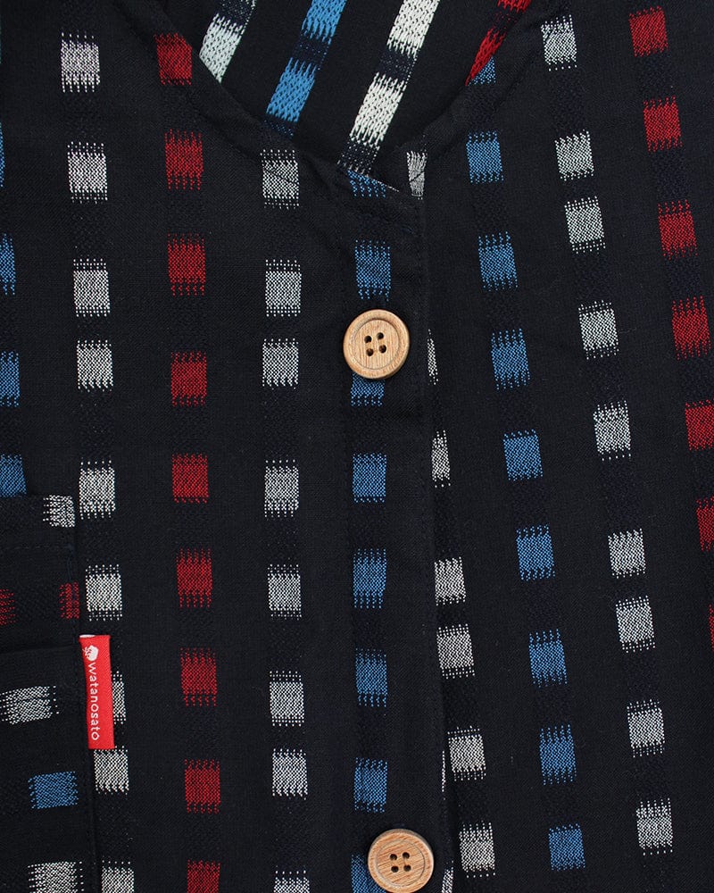 ToK Japanese Apron, Button Up Side, Indigo with Red, Blue and White Squares
