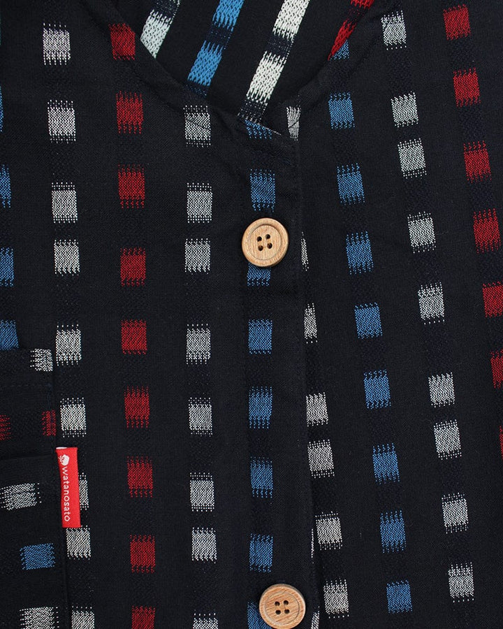 ToK Japanese Apron, Button Up Side, Indigo with Red, Blue and White Squares