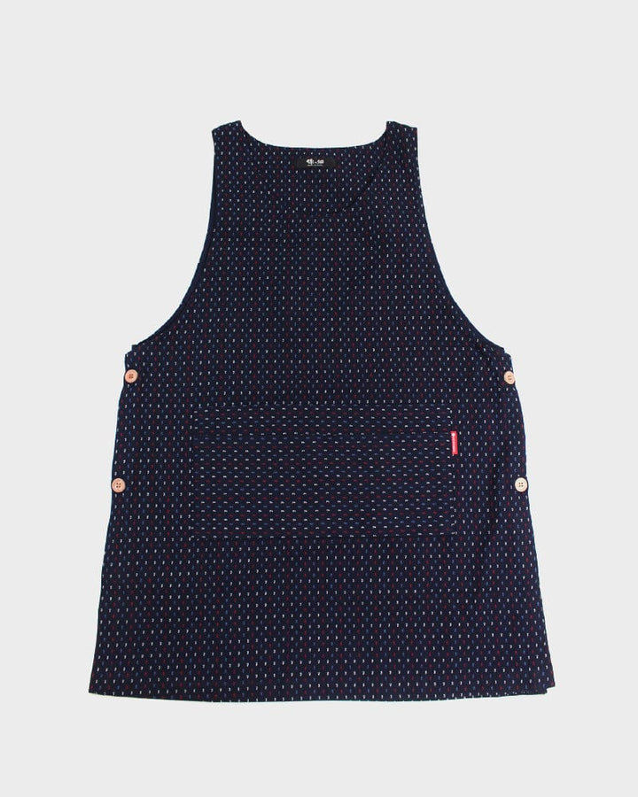 ToK Japanese Apron, Button Up Side, Indigo with Blue, Red, and White Dash