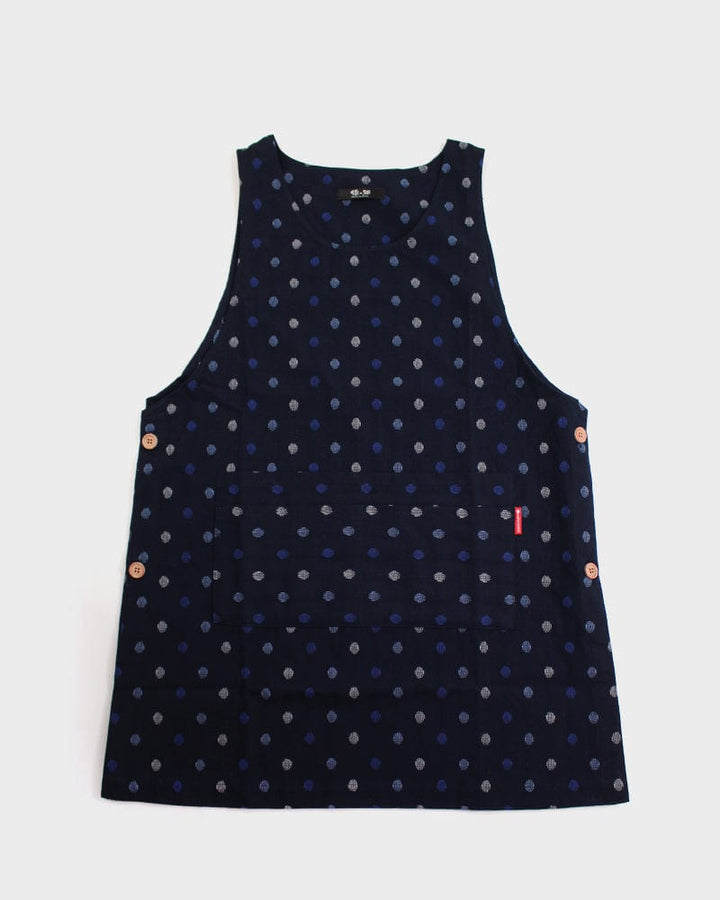 ToK Japanese Apron, Button Up Side, Indigo with Blue and White Polka Dots