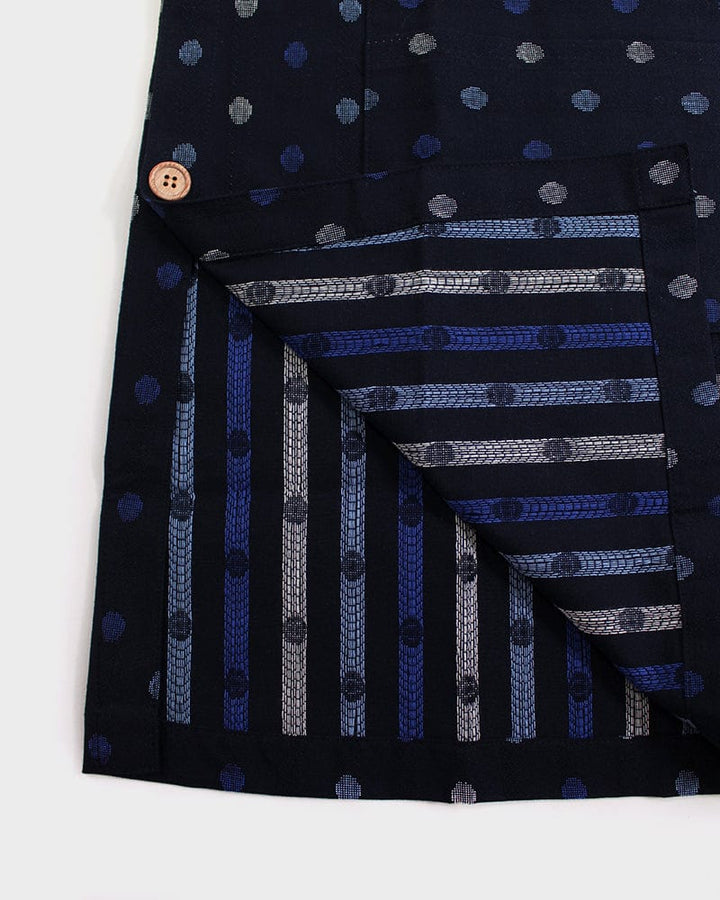 ToK Japanese Apron, Button Up Side, Indigo with Blue and White Polka Dots