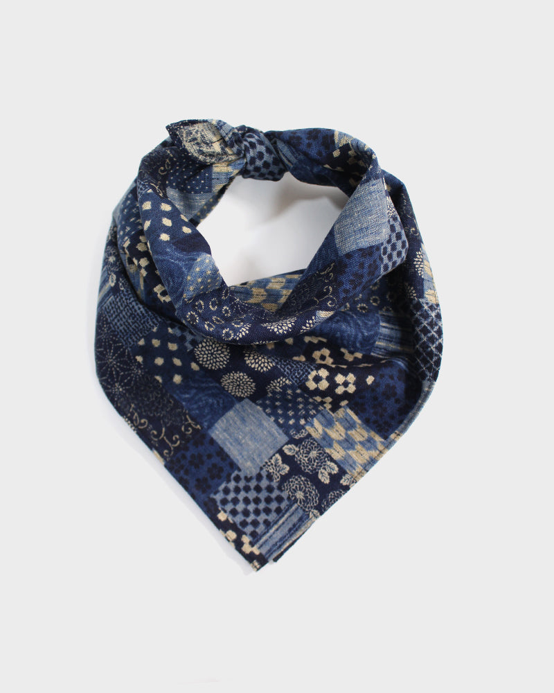Indigo patchwork bandana by Kiriko Made