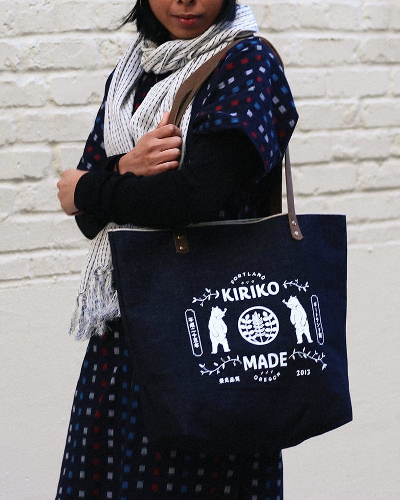 Kiriko Original Large Tote Bag, Selvedge Denim, Indigo Bear