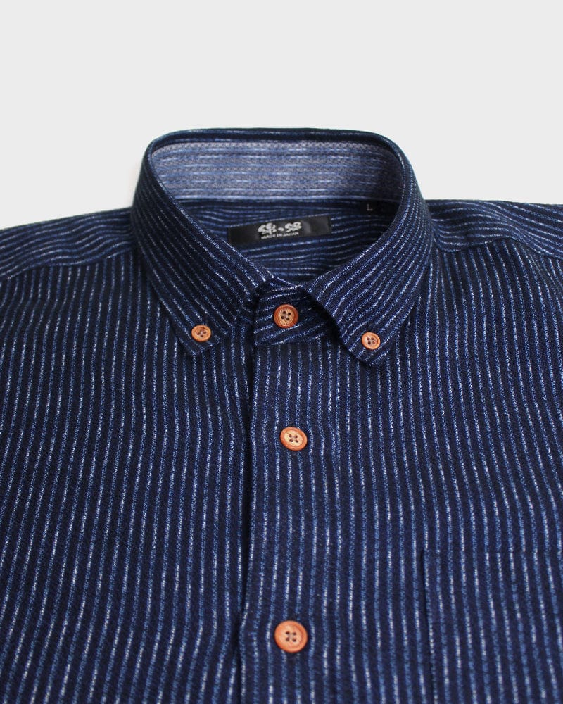 ToK Shirt, Short Sleeve Button-Up, Chijimi, Indigo with Faded Shima