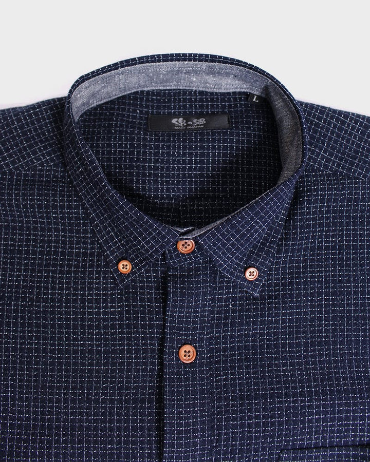 ToK Shirt, Long Sleeve Button-Up, Chijimi, Indigo with Small Grid