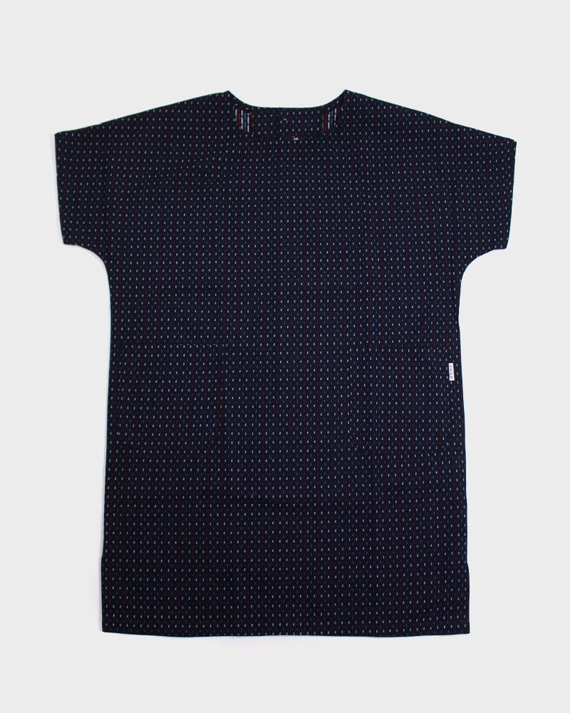 ToK Pocket Dress, Oversized, Indigo with Blue, Red, and White Dashes