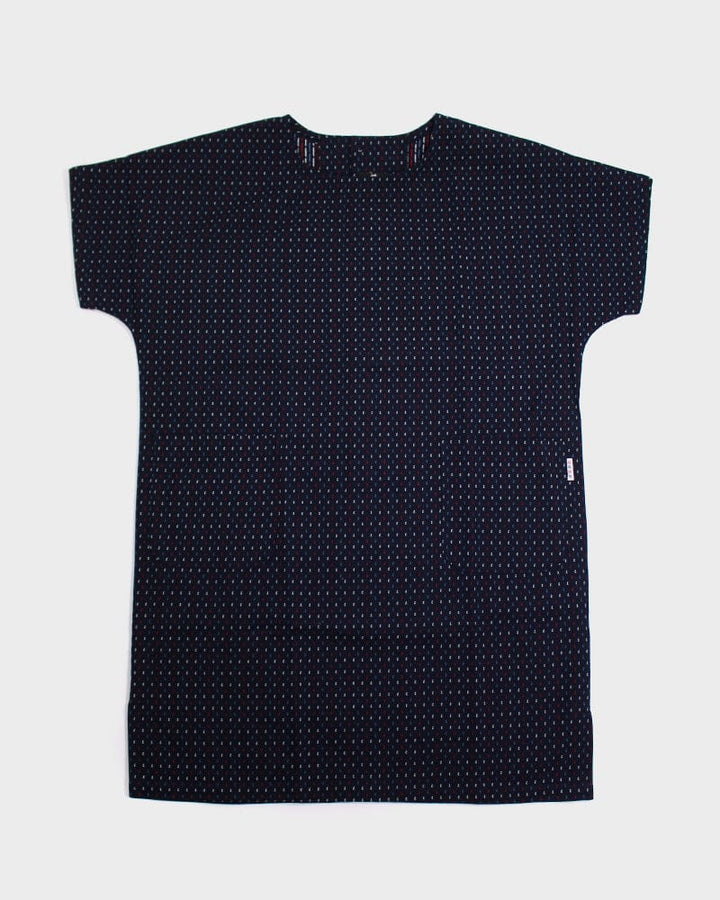 ToK Pocket Dress, Oversized, Indigo with Blue, Red, and White Dashes