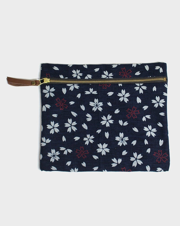Kiriko Original Flat Zipper Pouch, Medium, Dark Indigo Sakura