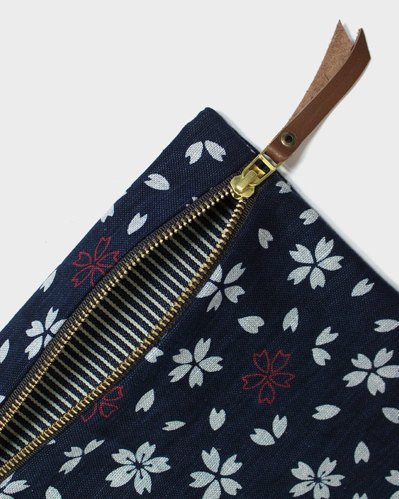 Kiriko Original Flat Zipper Pouch, Medium, Dark Indigo Sakura