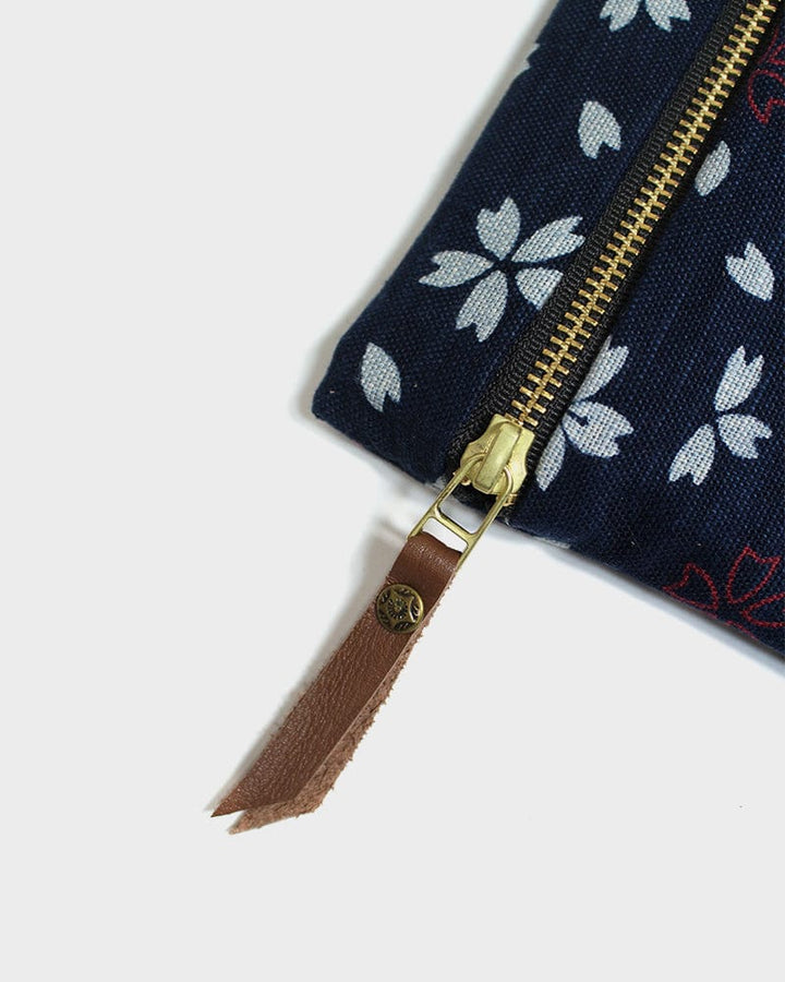 Kiriko Original Flat Zipper Pouch, Small, Dark Indigo Sakura