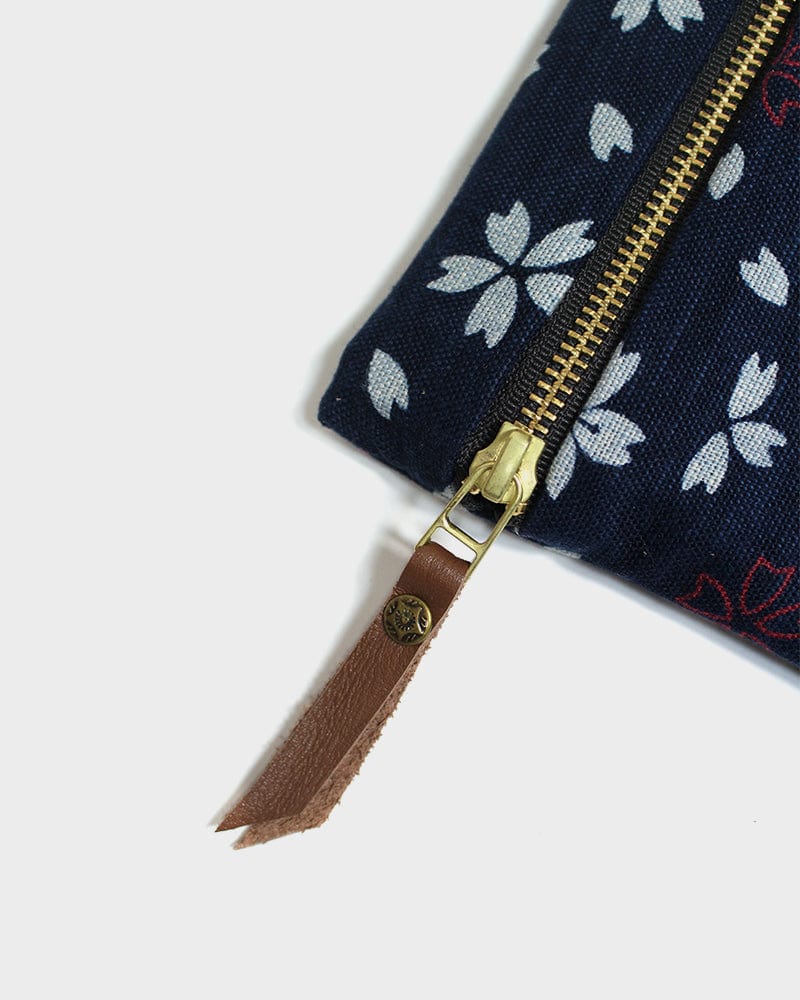 Kiriko Original Flat Zipper Pouch, Small, Dark Indigo Sakura