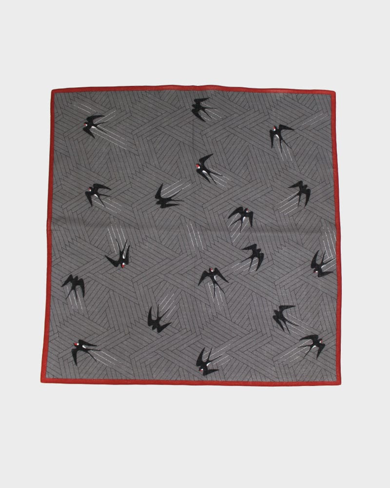 Japanese Handkerchief, Classic, Shofu, Dark Grey Swallow with Red Trim