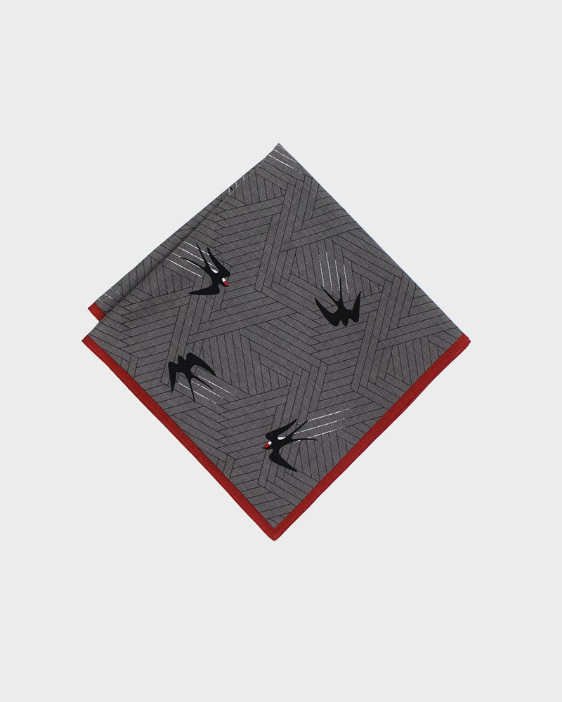 Japanese Handkerchief, Classic, Shofu, Dark Grey Swallow with Red Trim