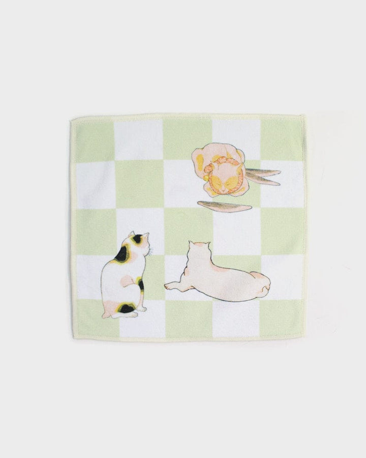 Japanese Handkerchief, Microfiber, Reversible Square, Four Cats, Blue