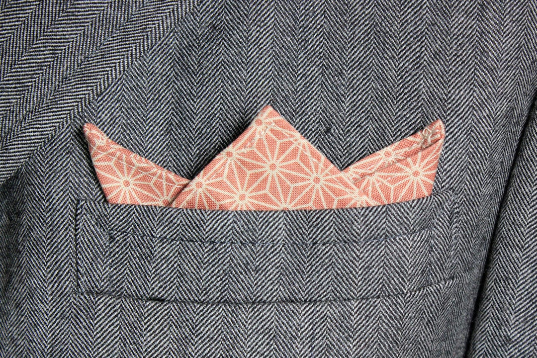 Kiriko Original Pocket Square, Coral Pink Asanoha