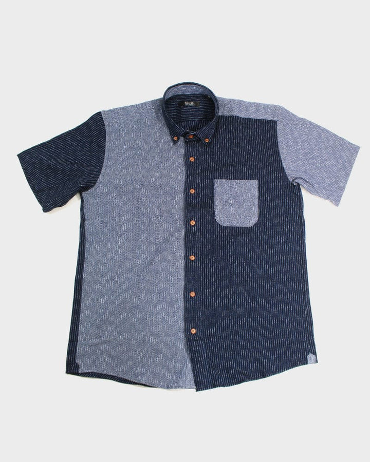 ToK Shirt, Short Sleeve Button-Up, Nashiji and Chijimi Blue Color Block Shima