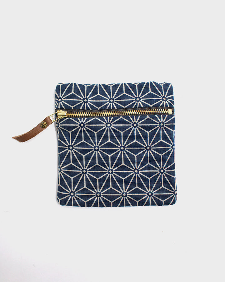 Kiriko Original, Flat Zipper Pouch, Small, Indigo Small Asanoha
