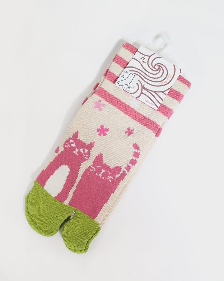Tabi Socks, Crew, Pink Shima with Two Neko - (S/M)