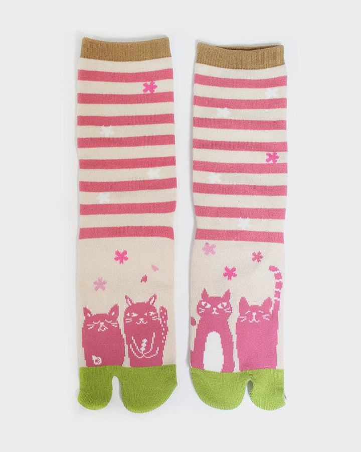 Tabi Socks, Crew, Pink Shima with Two Neko - (S/M)
