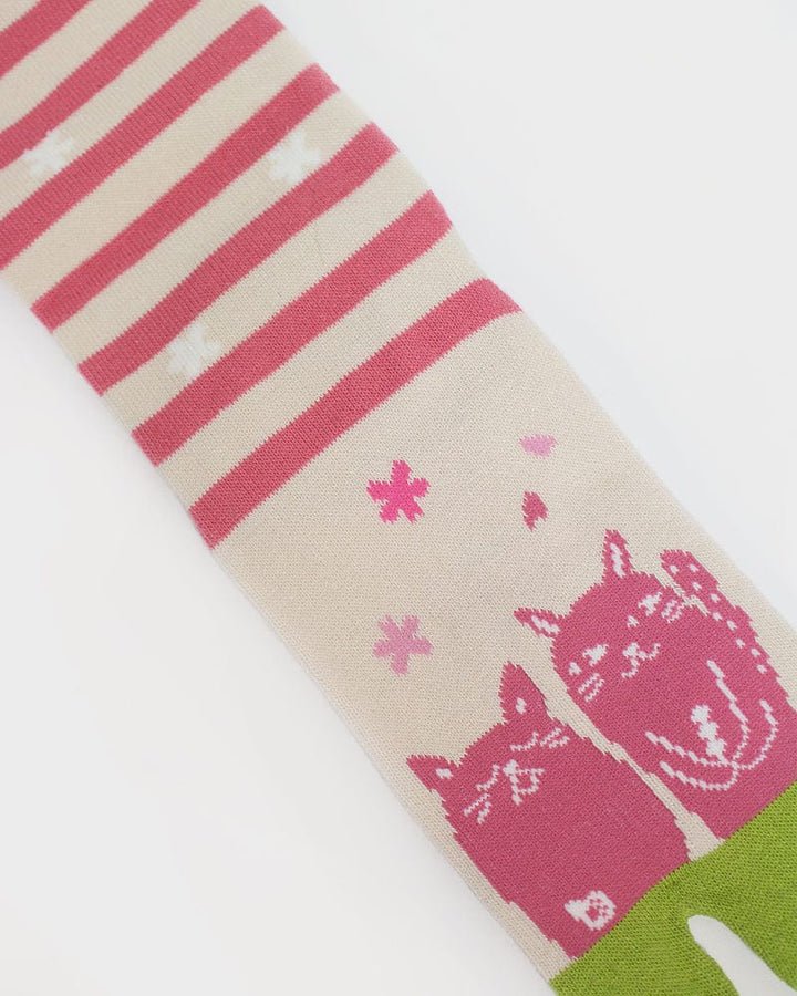 Tabi Socks, Crew, Pink Shima with Two Neko - (S/M)