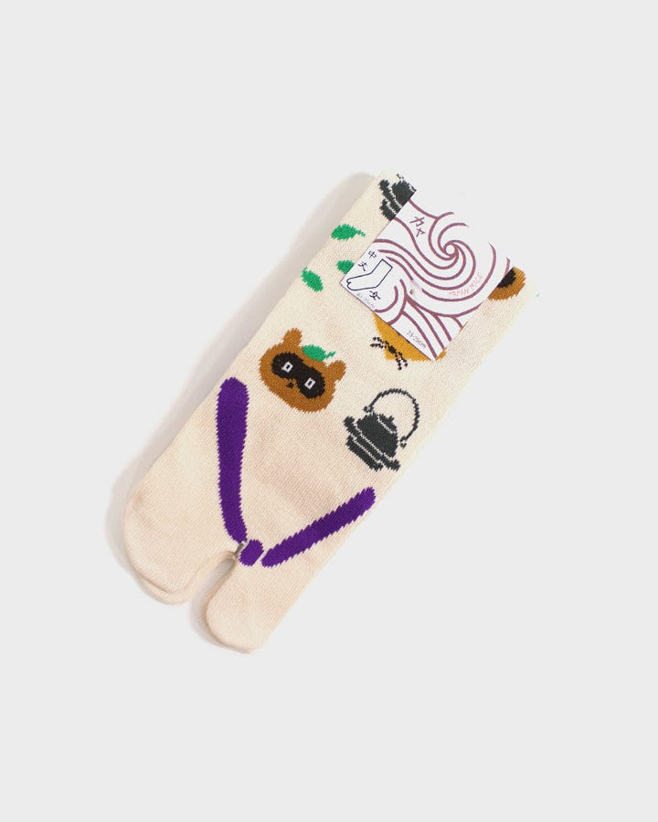 Tabi Socks, Cream & Purple with Tanuki & Fox (S/M)