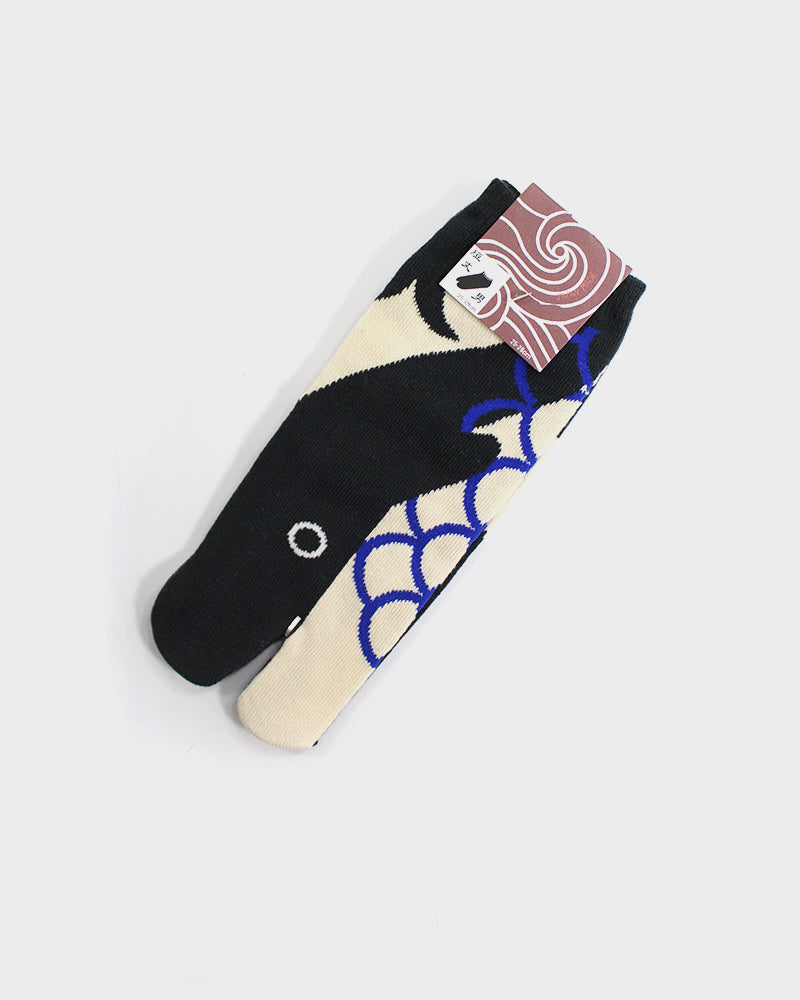 Charcoal tabi socks with whale pattern by Kiriko Made