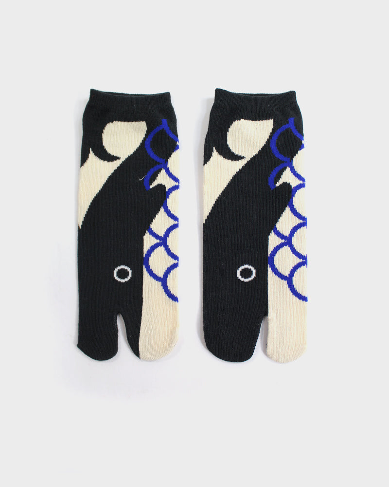 Wa-Modern, Tabi Socks, Ankle, Whale, Charcoal with Cream and Blue (M/L)